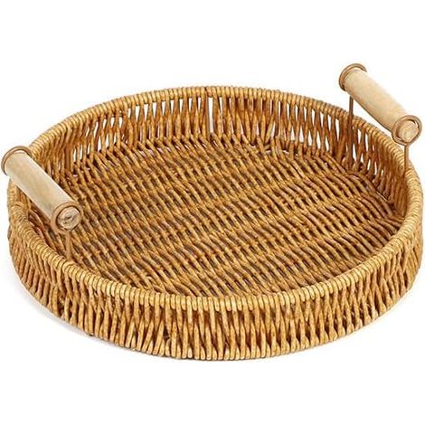 Handmade Round Rectangular Anti Rattan Serving Basket-Round Woven Bread, Fruit, Bowl Pedestal Stand, Flat Wicker Decorative Snack Basket Trays for Candy Dish, Rustic Platter (Round Small) (1/4)