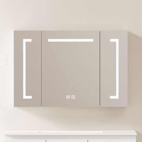 Armoire de toilette LED murale en MDF blanc et verre, 90 cm, avec miroir et rangement (1/5)