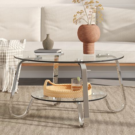 Table basse design rétro en métal robuste, double étage en verre trempé, touche chic pour votre espace de vie. (1/5)