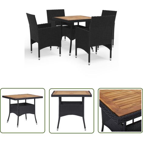 The Living Store 5-tlg. Garten-Essgruppe Schwarz Poly Rattan und Akazienholz - Gartensessel - Gartentisch - Outdoor-Set - Gartenmöbeln - Rattanmöbel (1/5)