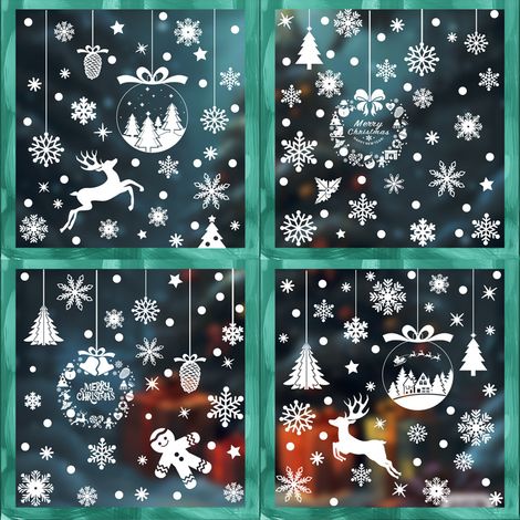 Autocollants blancs pour vitrines de Noël, guirlandes de Noël, flocons de neige, autocollants statiques, autocollants pour vitrines de traîneaux de rennes, décorations de Noël pour vitrines de magasin