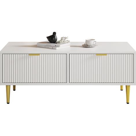 Table basse moderne blanche avec accents dorés, 2 tiroirs, design à rayures verticales, 1005040cm, table basse de salon, meuble bas pour canapé (1/5)