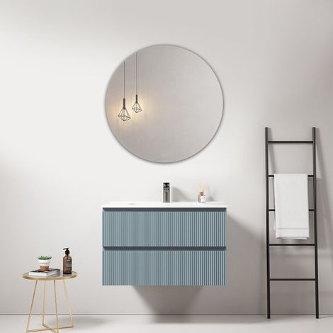 Mobile bagno sospeso cannettato 80 cm Blu Avio Lavabo in Ceramica Specchio Tondo - Fiji Paint (1/4)