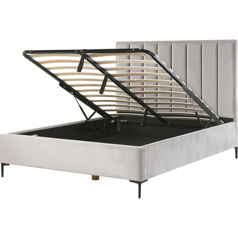 Cama en terciopelo gris claro 160 x 200 cm con almacenamiento cabecero acolchado patas de metal negro Sezanne
