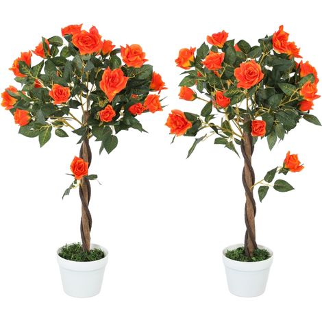 Set of 2 Artificial Plants White Rose Floral in Pot, Fake Plants for Home Indoor Outdoor Decor, 90cm, Orange (1/5)