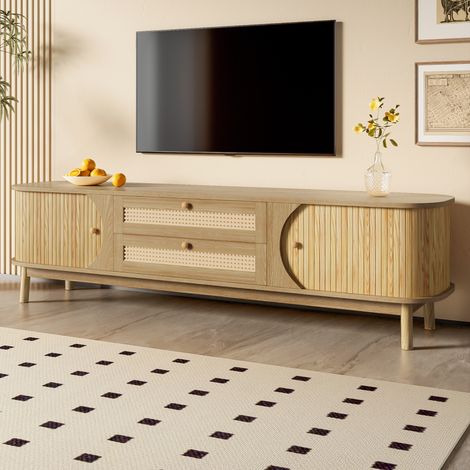 REDOM Mueble TV (170x39.5x46 cm), con puertas correderas y cajones de ratán, patas de madera, MDF natural (1/5)