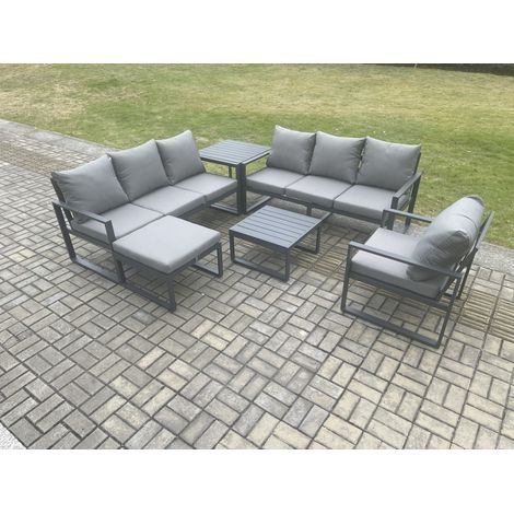 Fimous Aluminium 8 Seater Outdoor Garden Furniture Lounge Sofa Set with Square Coffee Table Chair Big Footstool Side Table Dark Grey (1/5)