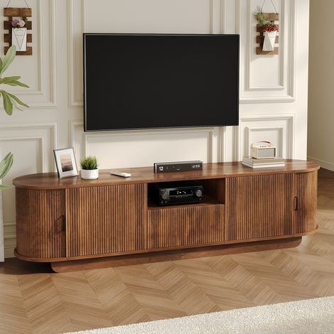 Meuble TV 180x40x50 cm avec portes coulissantes - 4 portes, 1 tiroir et étagères ouvertes - Structure ondulée 3D - Marron (1/5)