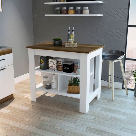 Ilot da cucina Cala con tre mensole e quattro piedi, dimensioni 90 cm (Altezza) x 103 cm (Lunghezza) x 70 cm (Profondità), colore bianco e caramello (1/5)