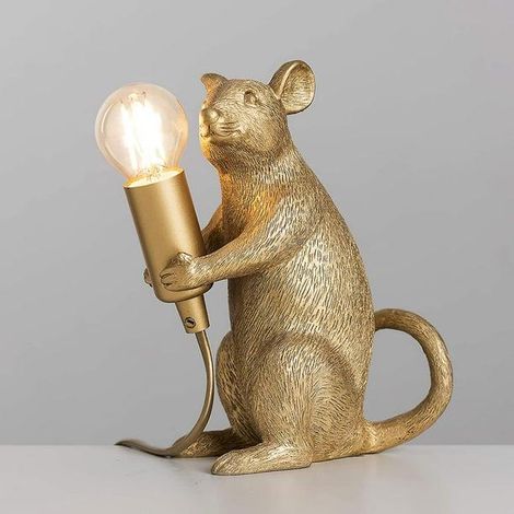 Lampe de table moderne en forme de rat, peinte en or métallisé, pour salon, salle à manger ou chambre. Lampe de table pour animal de compagnie. (1/5)