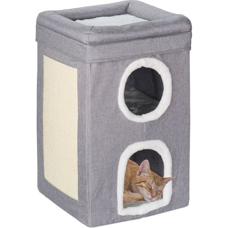 Relaxdays Casa para Gatos con 2 Cuevas, Nivel Superior Abierto, Cama Gatitos, con Rascador, 63x40x40 cm, Gris y Blanco