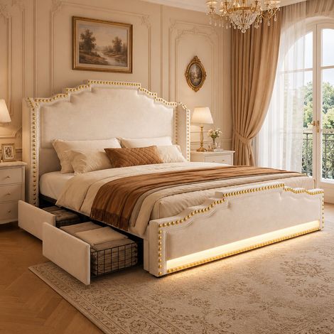Lit rembourré 180x200 cm avec 4 tiroirs de rangement LED USB USB-C velours Beige (1/5)