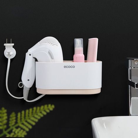 Support pour sèche-cheveux rose, sans perçage, fixation murale pour salle de bain ou toilettes, gain de place. (1/5)