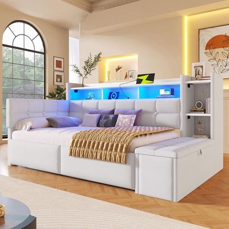 Lit méridienne - 90 x 190 cm - Velours blanc - 2 tiroirs & banc de rangement - LED multicolore (1/5)