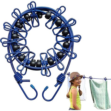 Corde à Linge Rétractable et Extensible avec 12 Pinces, Corde de Séchage Portable Coupe-Vent pour Voyage, Élastique avec Poche de Rangement Bleu (1/5)