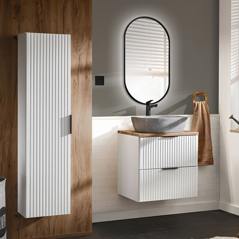 Badmöbel Set 3-teilig weiß ADELAIDE-56-WHITE Modern mit Eiche Nb., Front in Rillenoptik (1/5)