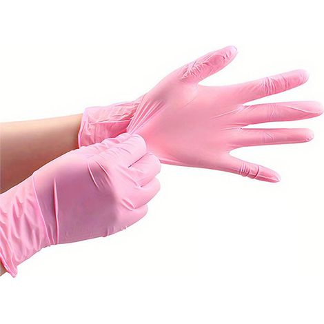 Gants Jetables en Nitrile - Protection Multi-Usages - Qualité Alimentaire - Taille M - Lot de 100 - Rose (1/5)