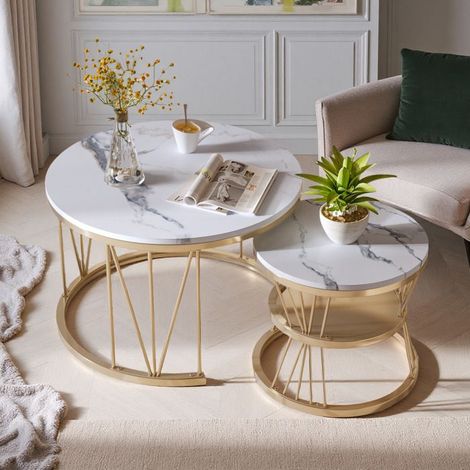 Couchtisch Wohnzimmer - Set aus 2 runden Beistelltischen - Marmorplatte - Goldene Metallbeine - Zeitgenössisches Design