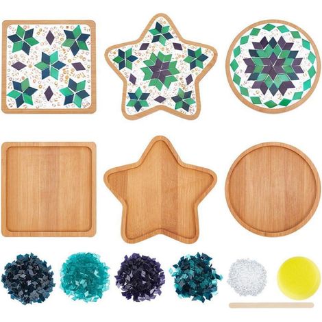 DIY Mosaik-Untersetzer-Set für 3 Stück, Glasfliesen, Bambus-Untersetzer, bunt