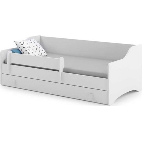 Lit enfant Eryk 80x160 blanc avec tiroir, barrière, matelas et sommier, pour chambre d'enfant, poignée blanc