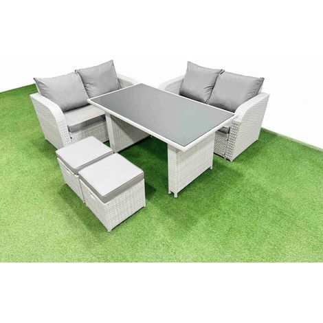 Fimous 5 Pieces Outdoor PE Rattan Sofa Set Patio Garden Furniture Sets with Cushions 2 Small Stools Light Grey (1/4)