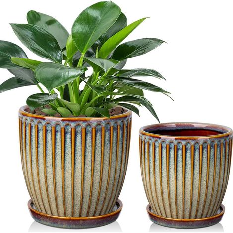 2er-Set Keramik Blumentöpfe mit Untersetzer, gerippt, 15cm/13cm, Braun (1/5)