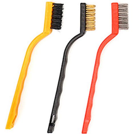 Ensemble de 3 brosses métalliques à manche courbé pour le nettoyage des métaux, des scories de soudure, de la rouille et de la poussière. Couleurs variées. (1/4)