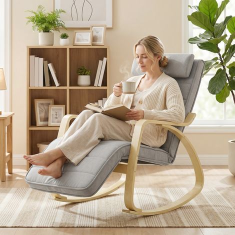 Fauteuil à bascule avec fonction massage, chauffage, appui-tête et repose-pieds, revêtement en velours, inclinable, gris clair