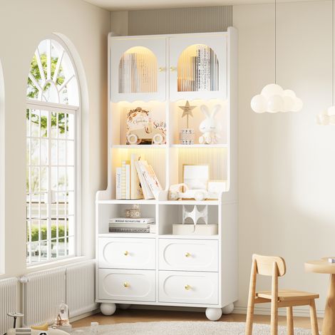 Vitrine haute LED 80x40x180 cm blanche, portes en verre strié, 4 tiroirs, 3 bandes LED multicolores pilotées par application, pieds boule en résine (1/5)