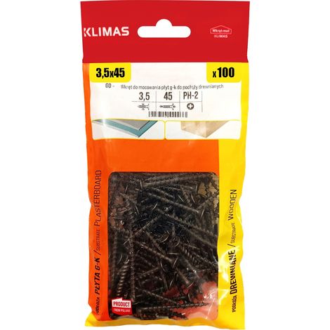 Vis Pour Bois Et Plaques De Plâtre Klimas, 3.5 x 45 mm, Noires PH2 Phosphatées, Boîte 100 Pièces (1/5)