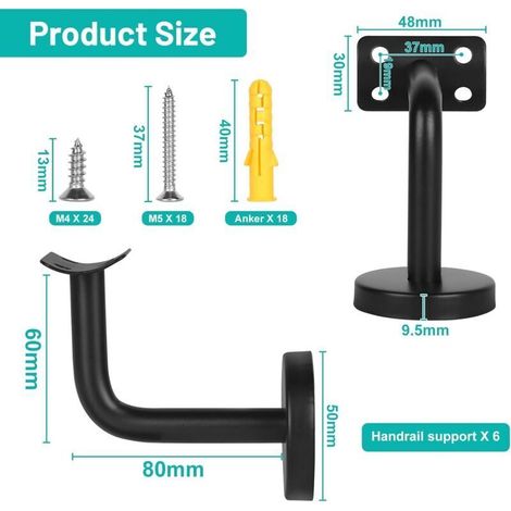 Support main courante Acier inoxydable supports de rampe main Supports de main courante d'escalier Support mural de rampe en bois pour rampes d'escalier intérieures et extérieures (Bend-6Pcs) (1/4)
