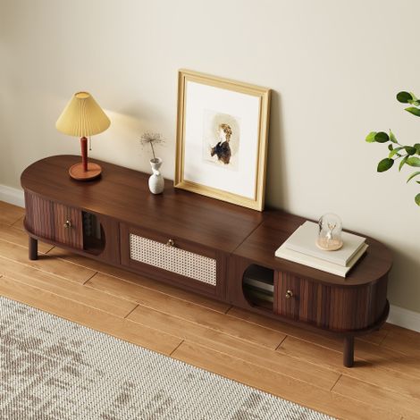 Meuble TV 170x38x39,5 cm avec 2 portes en bois massif et 1 tiroirs en rotin, naturel