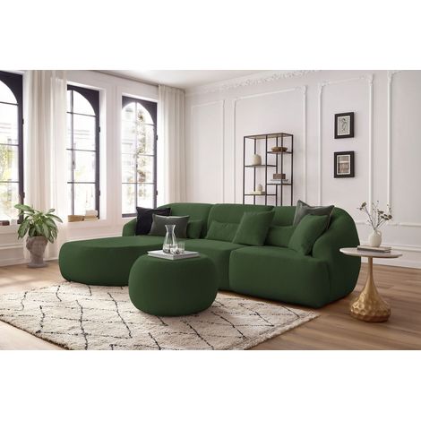 BOBOCHIC - Canapé d'angle fixe ALESIA tissu bouclette avec pouf Angle gauche Vert (1/5)