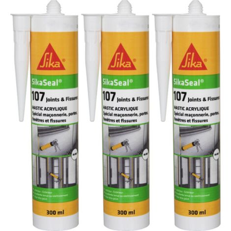 Sika – Lot de 3 mastics acryliques pour joints et fissures – Blanc – 300ml – Résistant aux intempéries – Adhérence sur béton, plâtre, PVC et bois