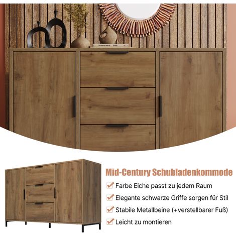 Meuble de rangement à 2 portes et 3 tiroirs, 120 x 40 x 76 cm en chêne foncé, étagère réglable, buffet haut pour chambre et toutes pièces de vie. (1/5)