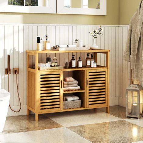 Armoire de Salle de Bain en Bambou Organisateur de Rangement à 2 Portes avec Étagères Unité de Rangement Indépendante Naturel (1/5)