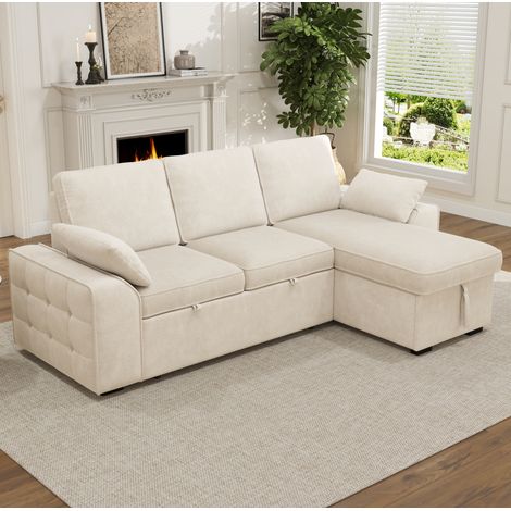 Divano angolare 3 posti convertibile con contenitore, ciniglia beige HAVRYA (1/5)