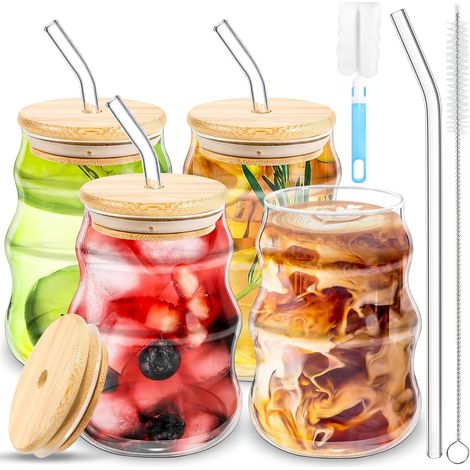 Lot de 4 Tasses en Verre, 530ml, Design Ondulé, Avec Couvercle Et Paille, Pour Café, Thé, Jus, Maison Et Bar (1/5)