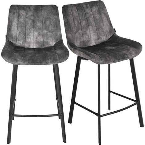 Lot 2 tabourets bar velours gris anthracite pieds métal noir – NANY 2 (1/5)