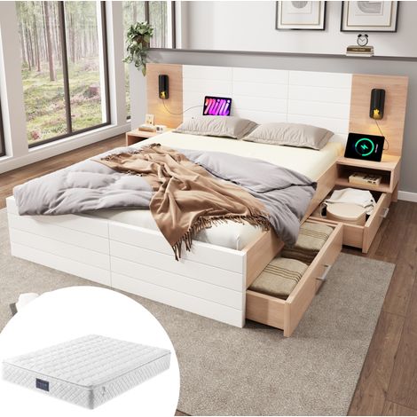 Bett 140x200 cm aus Massivholz und MDF in Weiß und Eiche, mit beleuchtetem Kopfteil, USB und 2 Schubladen (1/5)