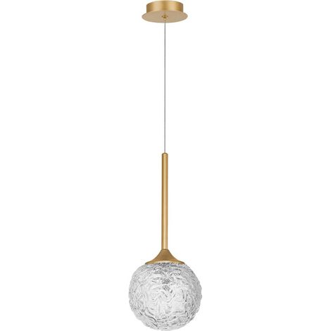 Merano Concord Globe Suspension Plafonnier Verre Structuré Transparent, Acier Doré Brossé LED G9