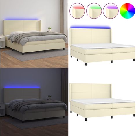 Sommier à lattes de lit matelas LED Crème 200x200 cm Similicuir - Matelas à ressorts ensachés - Tête de lit réglable (1/5)