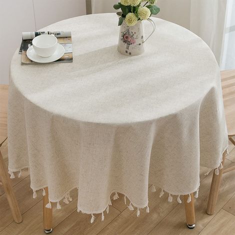 Beige Tischdecke Rund Abwaschbar Leinen Baumwolle Tischtuch Knitterfrei Staubdicht mit Quasten für Küche, Esszimmer, Esstisch, Couchtisch, Gartentisch – 150cm (1/5)
