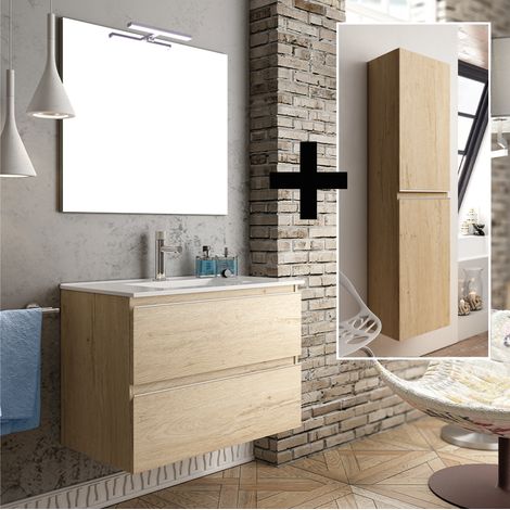 Ensemble meuble de salle de bain 80cm simple vasque + colonne de rangement - bambou (chêne clair) - BALEA (1/5)