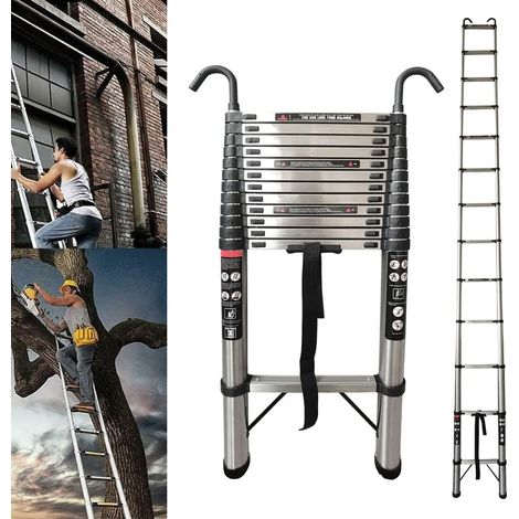 Telescopic Ladder 5m Extension Ladder with 2 Detachable Hooks, Stainless Steel Telescopic Extension Extendable Ladder Roof Ladders for Home, Compact Ladder for Household Dailys, 330Lb Capacity EN131