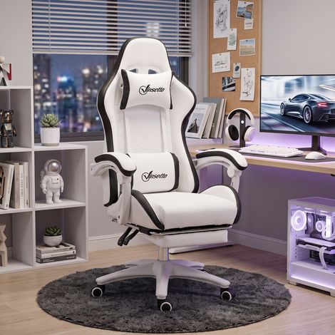 Fauteuil de gaming ergonomique, dossier inclinable 135°, appui-tête et repose-pied, blanc et noir (1/5)
