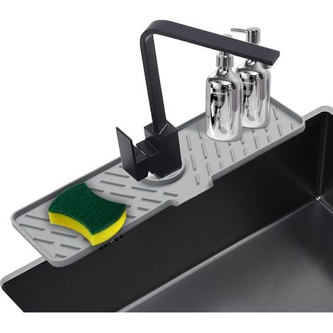 Protection contre les éclaboussures de robinet en silicone, 18 x 5,9 pouces (environ 45,7 x 15,0 cm), tapis de collecte d'eau de robinet pour cuisine, salle de bain, buanderie (gris) (1/5)