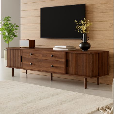 Mobile TV 165 cm con 4 cassetti e 2 ante scorrevoli, grande spazio contenitore, struttura stabile, MDF noce (1/5)