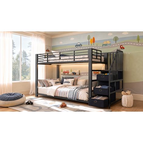 Etagenbett 90x200 cm Metall Schwarz mit LED-Stautreppe, platzsparend, ohne Matratze – MEUBLIV (1/5)