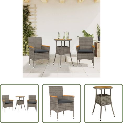 Table de jardin -  Ensemble à manger de jardin et coussins 3 pcs gris rotin acacia (1/5)